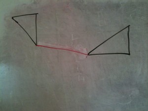 Two triangles with a line between them